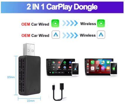 2-в-1 адаптер CarPlay / Android Auto | Перетворює провідне з'єднання на бездротове | Підключення через USB 2607758727 фото
