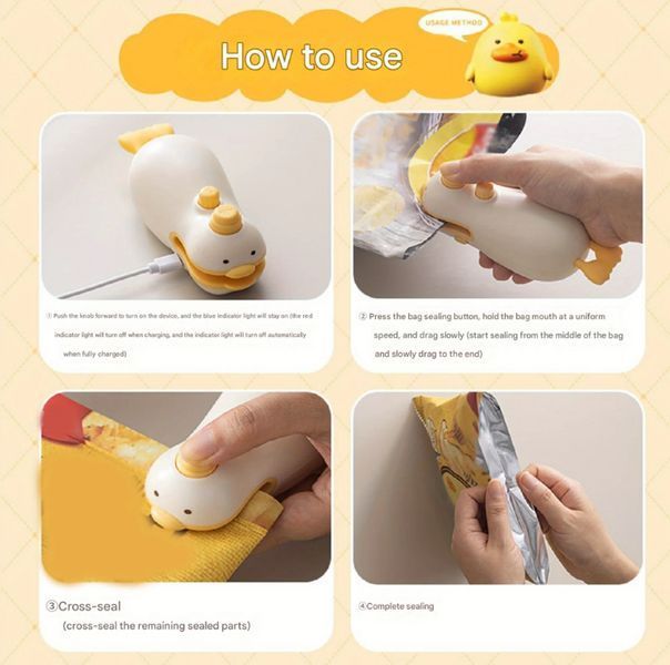 Міні-запайщик пакетів Cute Duck 2в1 (вакууматор + герметизатор, акумуляторний, портативний) 2737898582 фото